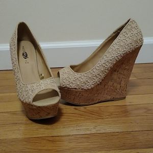 Tan peep toe wedges